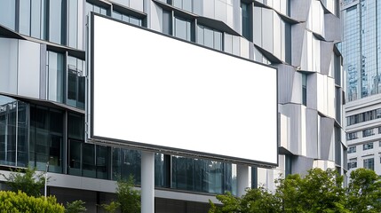 Tall digital display on a building with geometric metal panels A towering blank digital display is mounted on a building with angular, geometric metal panels.