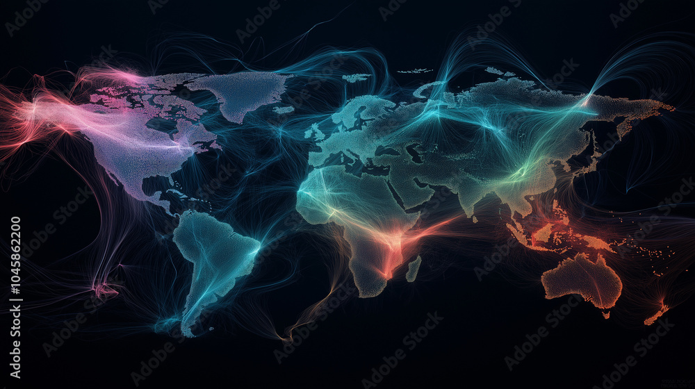 Poster illustration of the globe, surrounded by lines of neural connections and digital data. technological