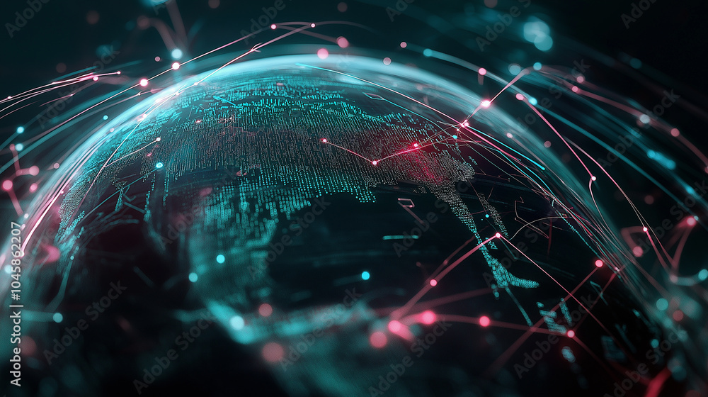 Aufkleber illustration of the globe, surrounded by lines of neural connections and digital data. technological