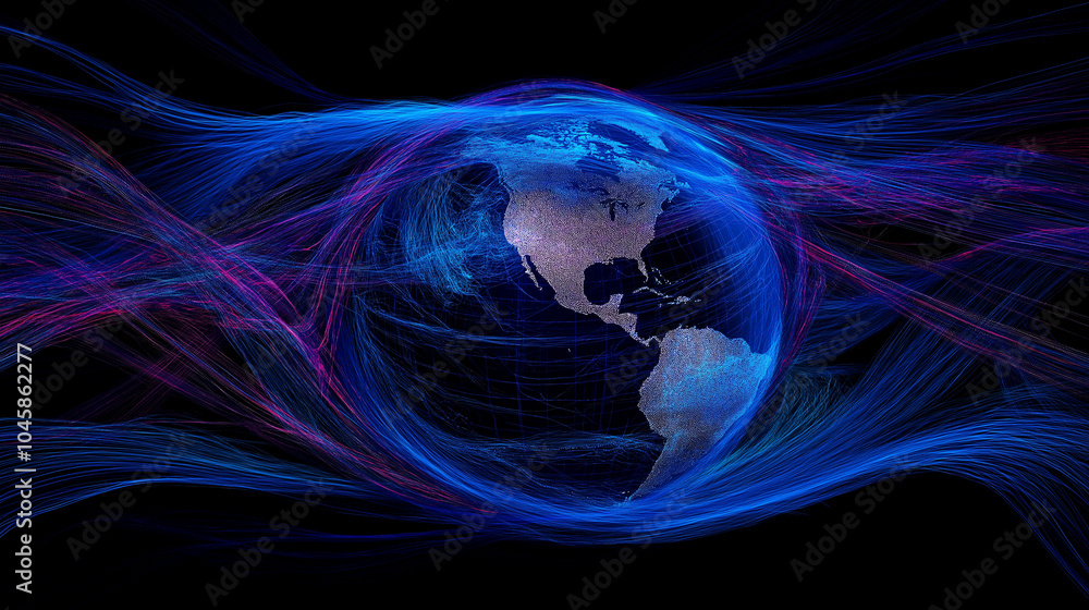 Poster illustration of the globe, surrounded by lines of neural connections and digital data. technological