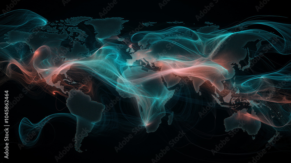 Poster illustration of the globe map, surrounded by lines of neural connections and digital data. technolog