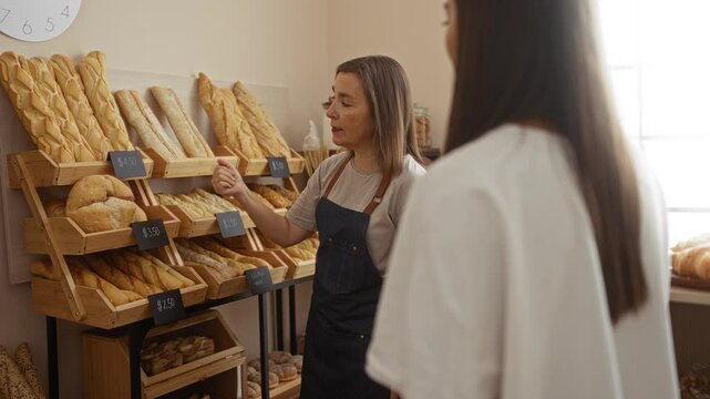 Woman baker explaining bread options to a customer in a bakery with various loaves on display indoors.