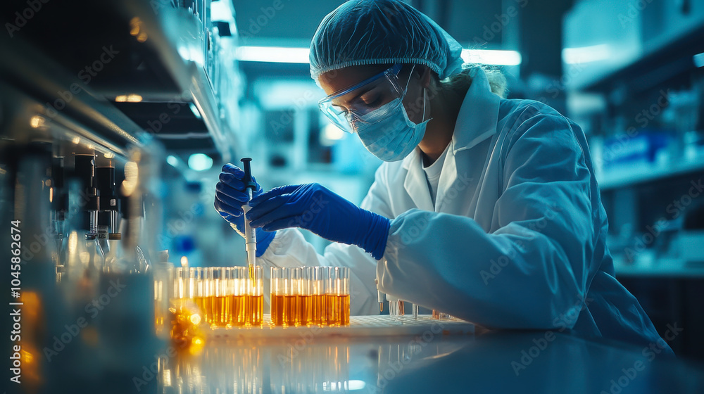 Poster scientist conducting experiments with colorful liquids in a laboratory during evening hours