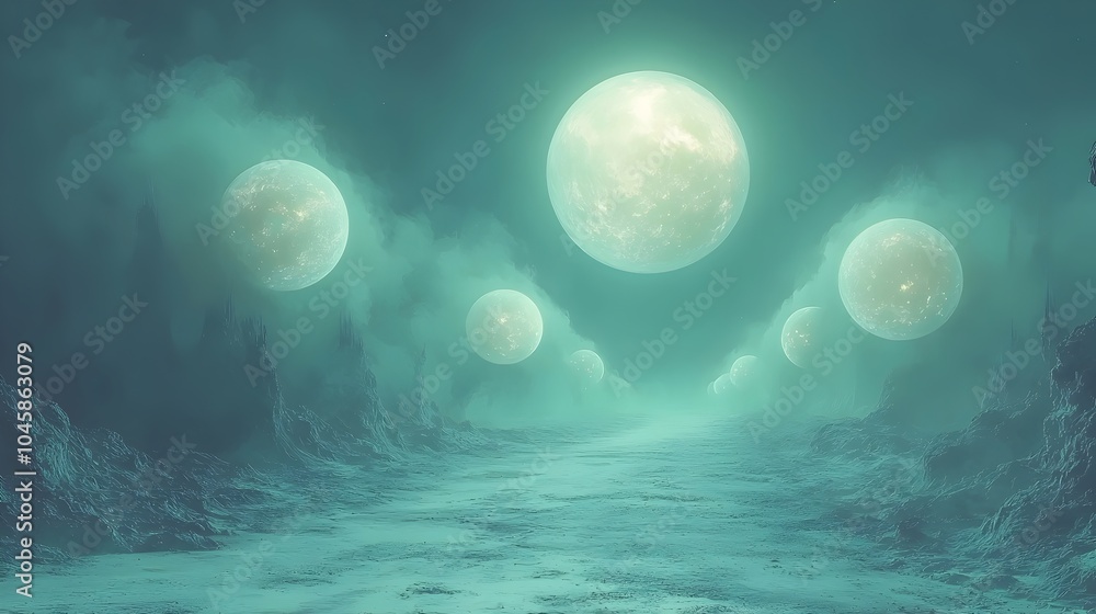 Poster a surreal landscape featuring multiple glowing moons in a misty environment, creating a mystical and
