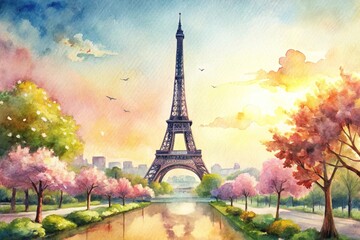 Obraz premium Watercolor painting of the Eiffel tower against a Parisian spring sky