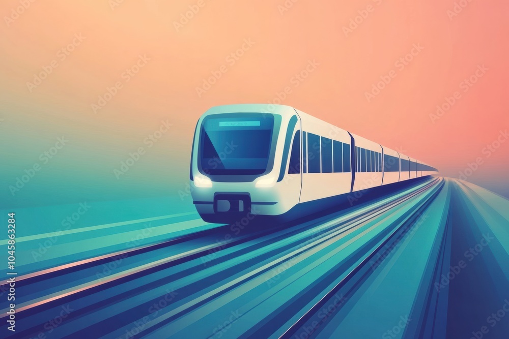 Poster the train glides seamlessly over the tracks, surrounded by a serene atmosphere as the sun sets in th