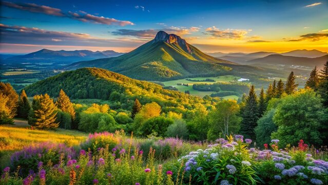 Stunning HDR View of Bromont Mountain Landscape in Quebec, Vibrant Nature Scenery, Scenic Peaks, Outdoor Adventure,