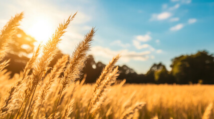 Fototapeta premium Golden grass sways gently in the warm light during sunset in a tranquil rural field