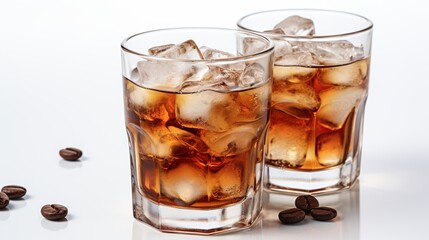Two glasses of iced coffee with coffee beans on white background.
