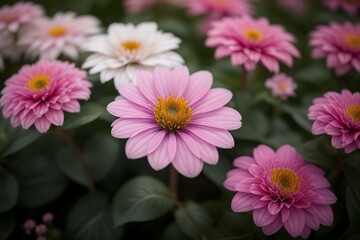 Pink and white flowers elegantly arranged with fresh green leaves, creating a harmonious and colorful natural scene. Generative AI