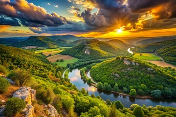 Fototapeta premium Stunning Landscape of Ardèche in Provence, France - Majestic Rolling Hills and Serene River Views