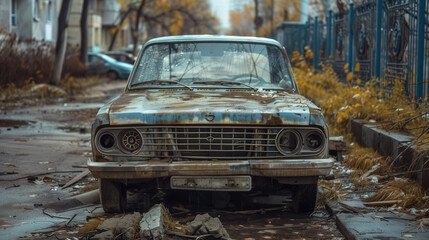 A striking portrait by Ilya Ostroukhov captures a dirty Russian Lada parked on the roadside, embodying auto-destructive art. This evocative scene of abandoned vehicles tells a poignant story.