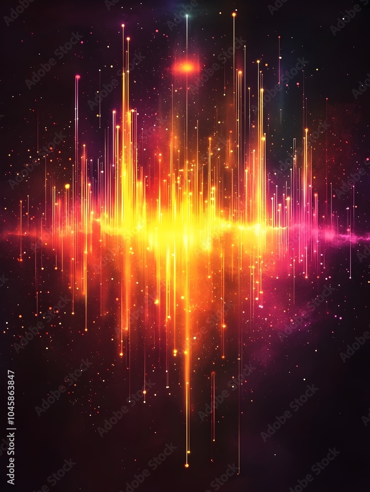 Poster a vibrant abstract representation of sound waves, featuring colorful vertical lines in shades of ora