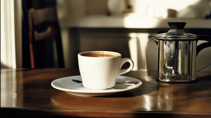 Obraz premium A tranquil scene of a steaming coffee cup sits on a wooden table alongside a sleek French press, illuminated by soft morning sunlight through the window.