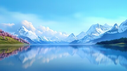 Fototapeta premium A stunning painting of a majestic mountain range with a serene lake in the foreground and a captivating blue sky with fluffy clouds in the background