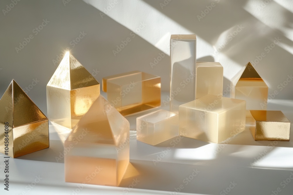 Poster a collection of clear geometric shapes resembling gift boxes is arranged creatively, catching warm s