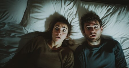 Couple awake in bed with startled expressions in the dark night