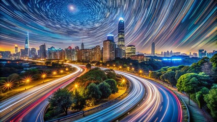 Fototapeta premium Stunning Long Exposure Night Scene with City Lights and Star Trails for Captivating Landscape Photography