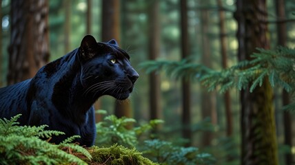 A majestic black panther with piercing yellow eyes sits on a mossy log in a lush green forest, gazing intently into the distance.