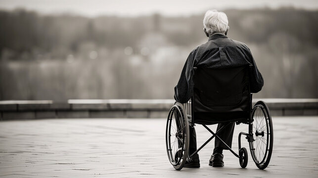 Hombre mayor en silla de ruedas contemplando el paisaje