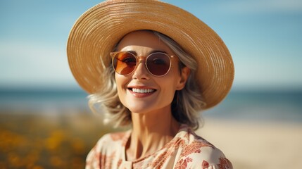 Smiling senior woman in sunglasses and a straw hat walking on the beach or standing at the seaside. on a blue sky background. summer vacation concept.