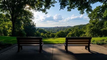 Fototapeta premium Two empty wooden benches overlooking a cityscape and a lush green valley on a sunny day.