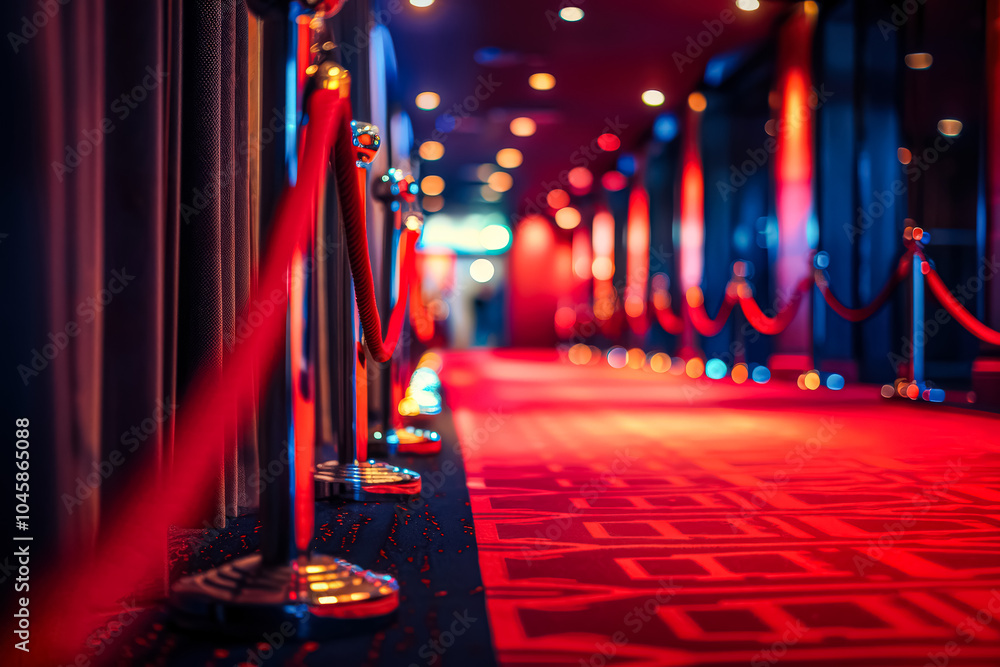 Poster red carpet with red ropes on it. the red carpet is in a hallway with lights on