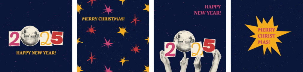 New year halftone collage cards, posters, banners set. Cut out of magazine shapes, dotted vintage texture,doodle stars. Christmas modern retro vector illustration