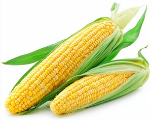 Two ears of fresh corn on the cob, one partially husked, with green leaves, isolated on a white background.