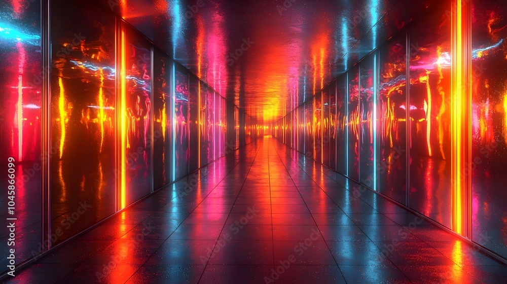 Poster a vibrant, futuristic corridor illuminated with neon lights reflecting on the glossy floor, creating