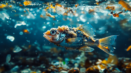 Fototapeta premium Goldfish swimming amid plastic waste in an ocean polluted by debris during daylight hours