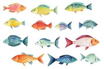 Fototapeta premium Watercolor Fishes Isolated, Sketched Fish Flock, Doodle Fish Set on White Background