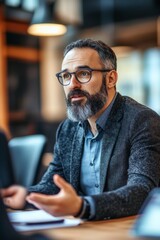 Obraz premium Confident business professional with glasses discussing ideas in a modern office setting, showcasing leadership and effective communication skills.