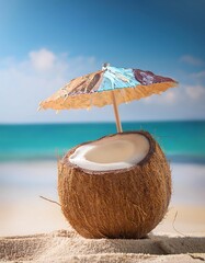Coconut on sandy beach with a colorful sun umbrella enjoying a bright sunny day by the ocean. Generative AI