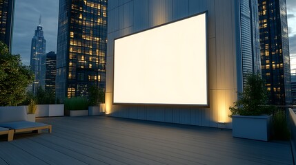 Obraz premium Blank digital signage on a modern office building with a rooftop terrace A blank digital display is positioned on the side of a modern office building with a rooftop terrace.