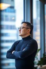 Contemplative businessman in a modern office setting, gazing out of large windows with a city skyline in the background, exuding professionalism and focus.