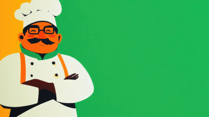 A cheerful chef with a mustache, dressed in a colorful uniform, stands with crossed arms, symbolizing culinary expertise and creativity, set against a bright green background.