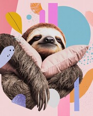 A collage of sleepy sloths with pillows and blankets, surrounded by soft pastel shapes and swirling abstract patterns for a cozy studio feel.