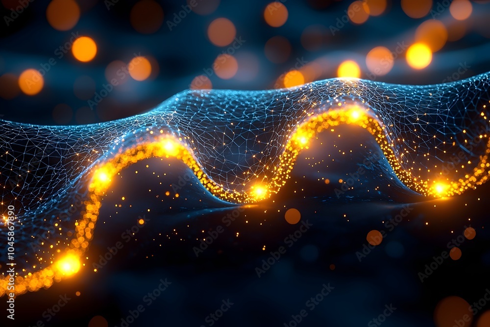 Poster an abstract representation of a luminous wave made of interconnected particles and glowing orbs, cre