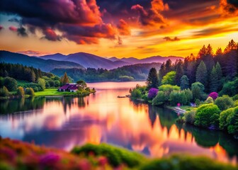 Stunning Sunset Over the Lake in Tilt-Shift Photography Style for Scenic Landscapes