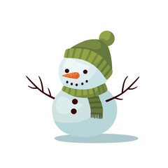Snowman in green hat and scarf on a white background