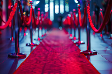 Red carpet is laid out in a hallway with red and silver metal barriers. The red carpet is a symbol of glamour and luxury, and the metal barriers add a sense of formality and elegance to the scene