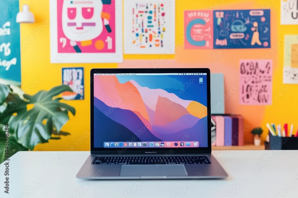 Aufkleber A sleek laptop rests on a desk surrounded by bright artwork and plants, creating an inspiring atmosphere for creativity and productivity. Generative AI