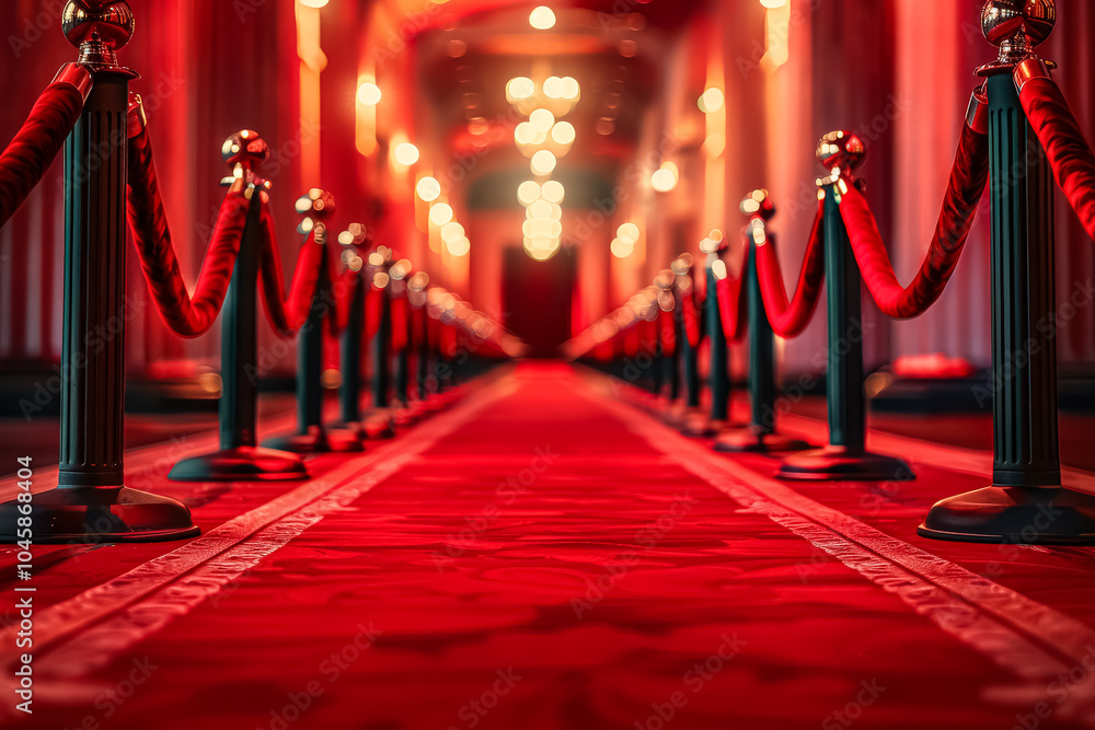 Wall mural red carpet is laid out in a hallway with red and silver metal barriers. the red carpet is a symbol o