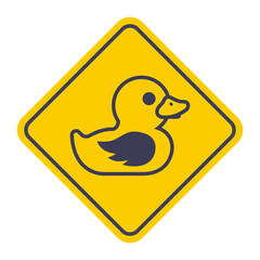 Yellow sign attention duck. Black icon of animal on road sign.
