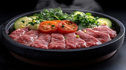 Sizzling beef slices with zucchini, tomatoes and herbs on a black plate.