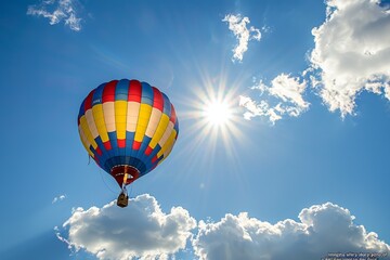 Fototapeta premium Vibrant photo of a hot air balloon soaring in the sky during a festival, capturing the excitement