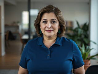 woman in her 40s wearing blue shirt, team leader, chic polo, break room, succulents, blurry background