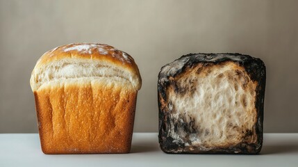 A loaf of bread with a golden crust displayed beside a burnt loaf, highlighting contrasting baking outcomes in a kitchen setting
