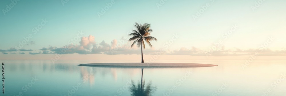 Poster a minimalist tropical island features a lone palm tree surrounded by calm waters, reflecting the sof